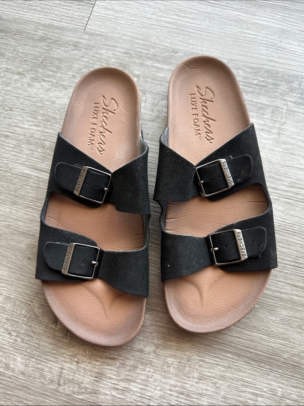 Skechers Women's Double-Buckle Two-Strap Slide Sandals in Black and Tan